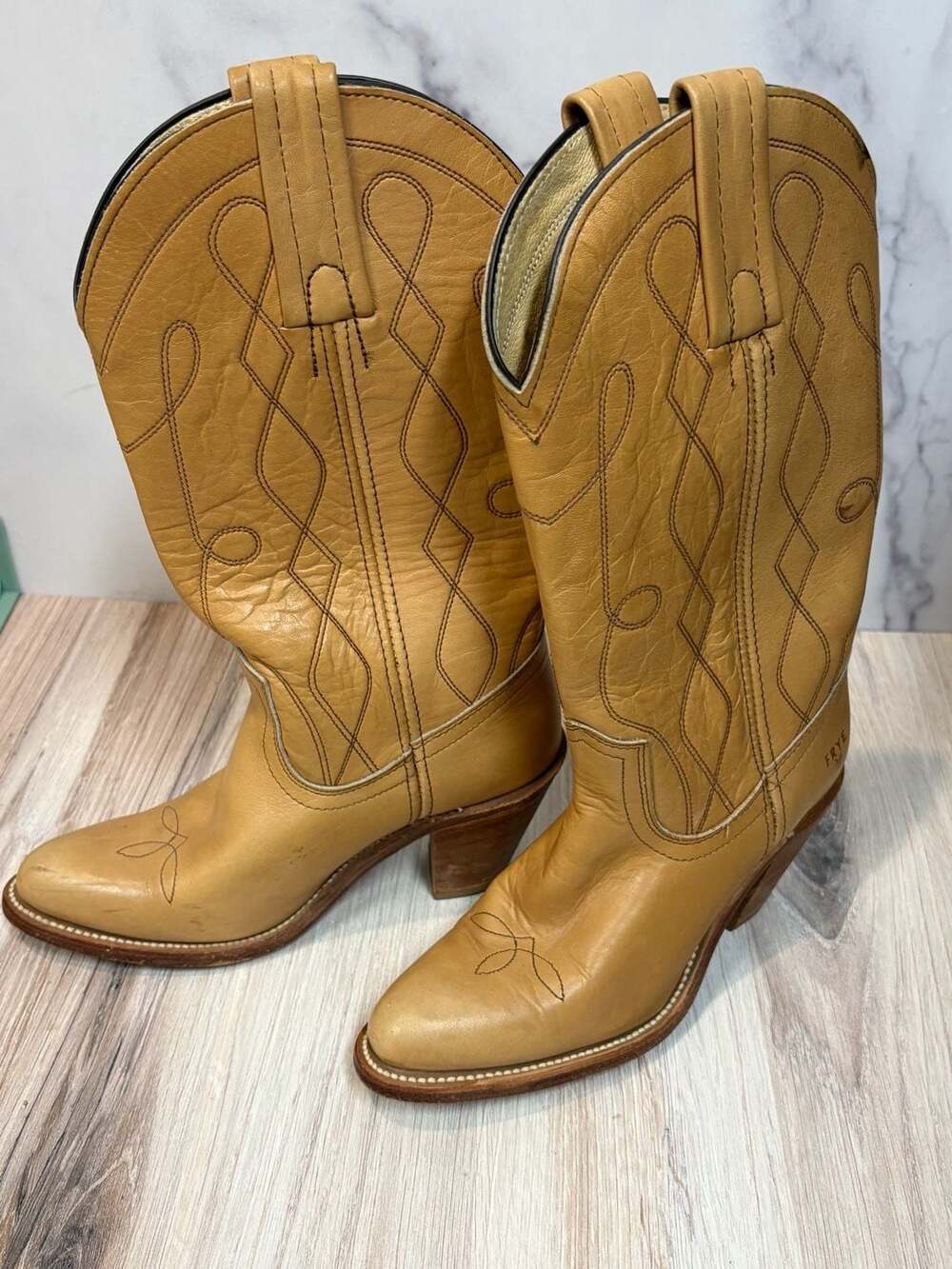 Vintage Frye Tan Leather Western Cowboy Boots With Stitched Details